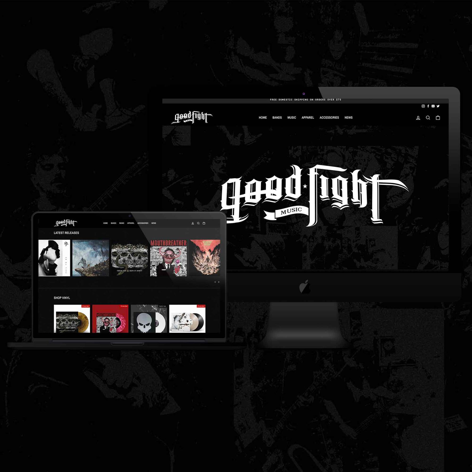 Good Fight Music - New Website Mockup on black Apple iMac and black Apple MacBook Pro